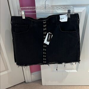 Express Black Denim Mini Skirt with Center Hook-and-Eye Closure